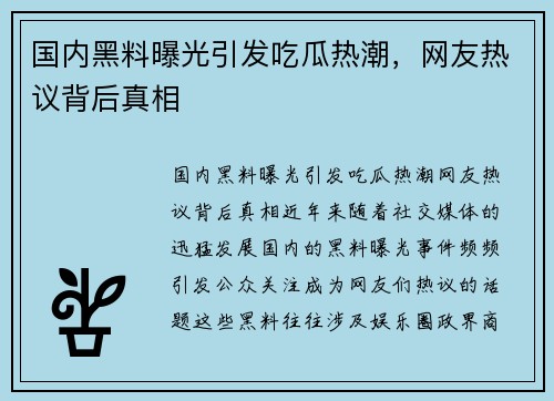 国内黑料曝光引发吃瓜热潮，网友热议背后真相